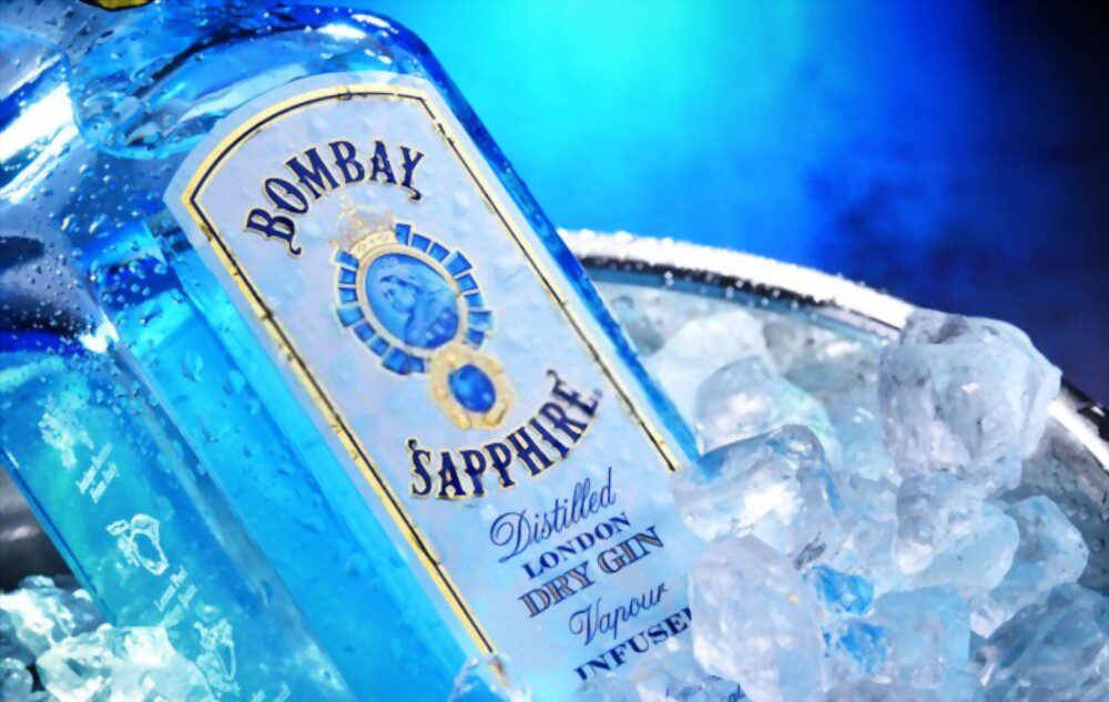 Bottle of Bombay Sapphire, a brand of gin distributed by Bacardi.