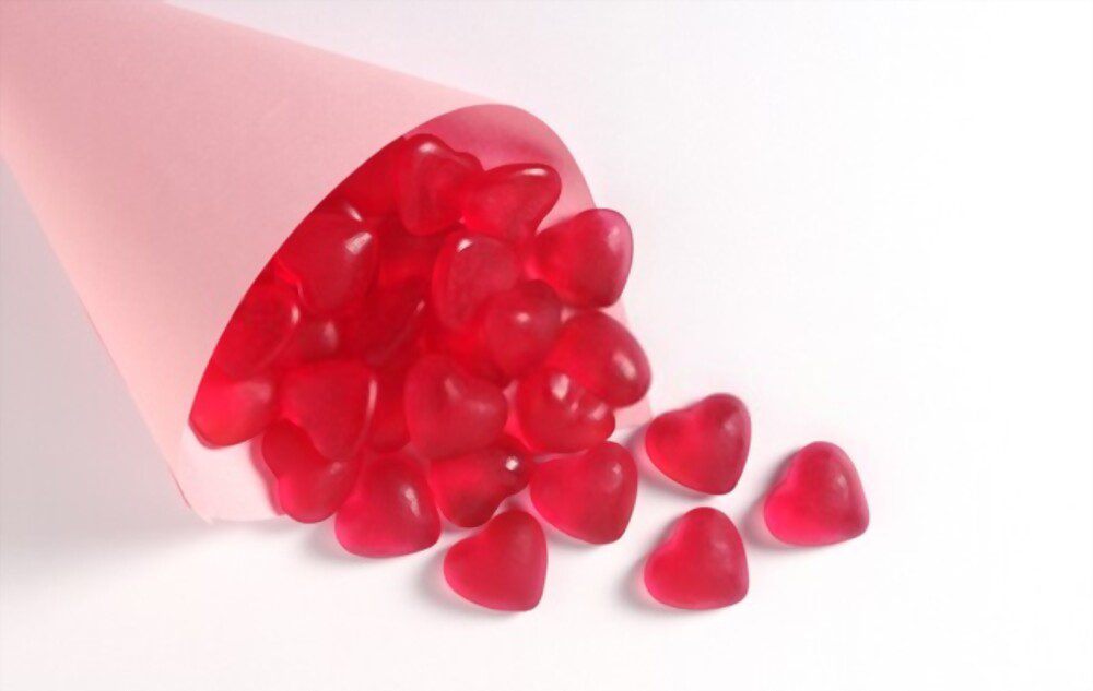 Red Dye Allergy, Heart-shaped jelly candies in a paper bag.
