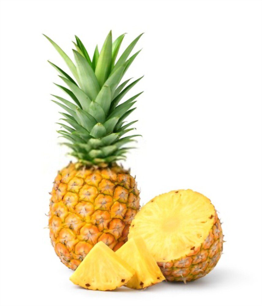 A ripe whole pineapple with cut in half and slices may cause pineapple allergy in some people.