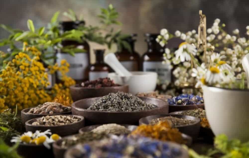 Natural Healing herbs on a wooden table for a home remedy for cold sore.